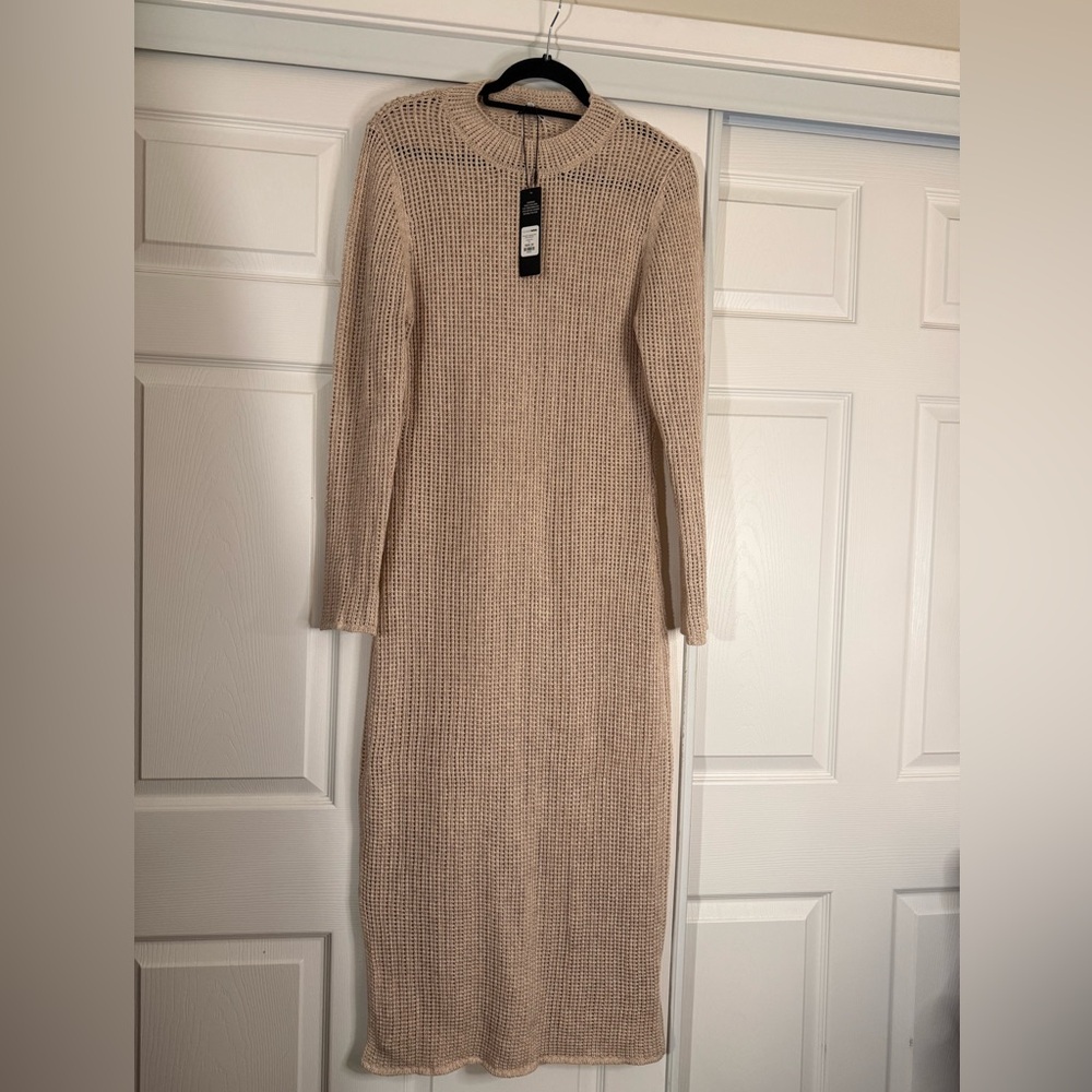 Long-Sleeve Knit Midi Dress in Light Beige